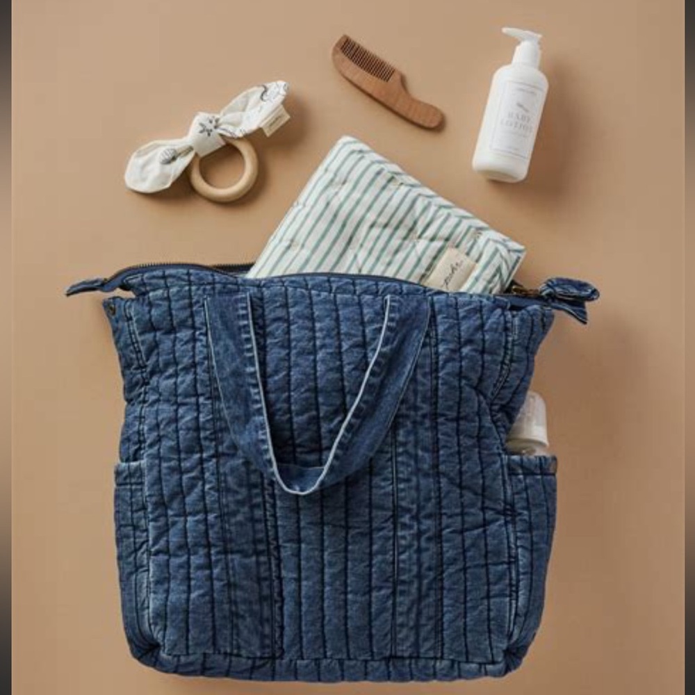 Quilted Denim Tote Bag in Blue - Picture 3 of 3